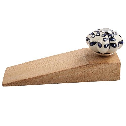 Indian-Shelf Indian Shelf 1 Piece Wooden Door Stopper with Rubber Base Blue Floral Design Floor Door Wedge Anti Slip Door Holder Stopper for Home Office - Image 2