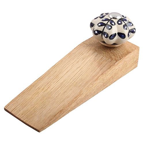 Indian-Shelf Indian Shelf 1 Piece Wooden Door Stopper with Rubber Base Blue Floral Design Floor Door Wedge Anti Slip Door Holder Stopper for Home Office - Image 1