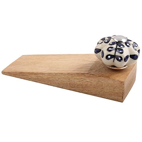 Indian-Shelf Indian Shelf 1 Piece Wooden Door Stopper with Rubber Base Blue Floral Design Floor Door Wedge Anti Slip Door Holder Stopper for Home Office - Image 3