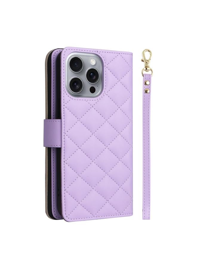 S-TOP Case For iPhone 16 Pro Max Crossbody Rhombic Zipper Tower Buckle Leather Phone Case with Lanyard - Image 3