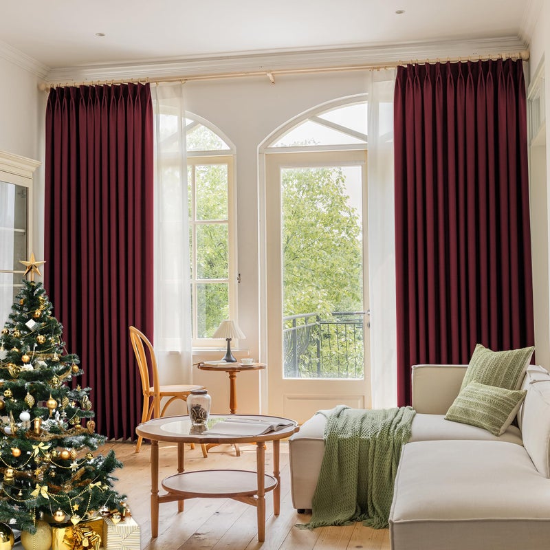 OYRING Blackout Pinch Pleat Curtain with Tieback for Small Window  Thermal Insulated Triple Weave Panel Pleated Drape with Hooks for Bedroom  Burgundy  52"" W x 63"" L  1 Panel - Image 1