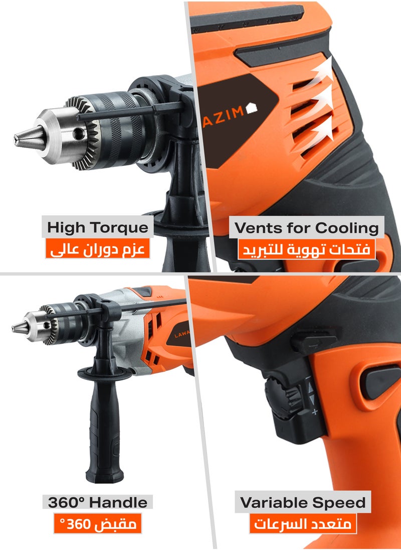 LAWAZIM Impact Drill -13mm, 950W, 0-3200 RPM- Rotary Corded Hammer Drill with Forward/Reverse Switch, Adjustable Chuck Lock Button Depth Gauge, 360° Auxiliary Handle, Ergonomic Grip for Wood  - Image 3