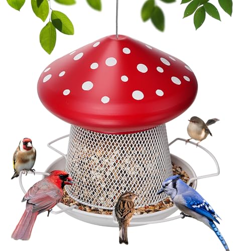 IWNTWY Bird Feeder Heavy Duty Metal Bird Feeders for Outdoor Hanging Cute Mushroom Shape Wild Birdfeeder for Outside Garden Yard Red - Image 1