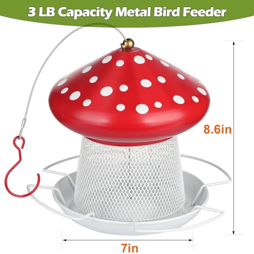 IWNTWY Bird Feeder Heavy Duty Metal Bird Feeders for Outdoor Hanging Cute Mushroom Shape Wild Birdfeeder for Outside Garden Yard Red - Image 3