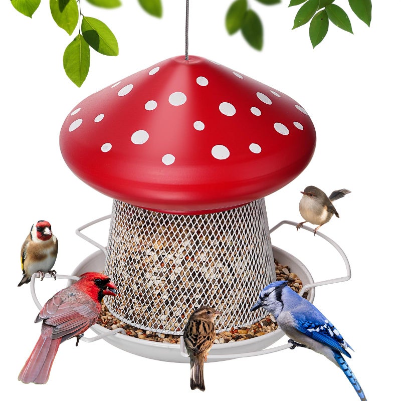 IWNTWY Bird Feeder Heavy Duty Metal Bird Feeders for Outdoor Hanging Cute Mushroom Shape Wild Birdfeeder for Outside Garden Yard Red - Image 2