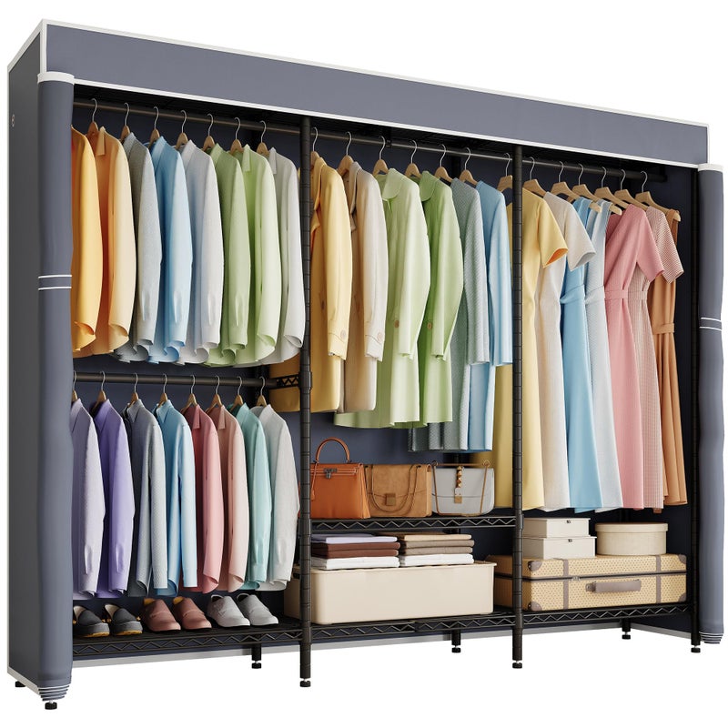 Higeego H8 Heavy Duty Clothes Rack with Cover, Covered Garment Rack with Shelves, Wardrobe Closet with Cover, Portable Closet Organizer Storage, Black Clothing Rack with Grey Cover - Image 1