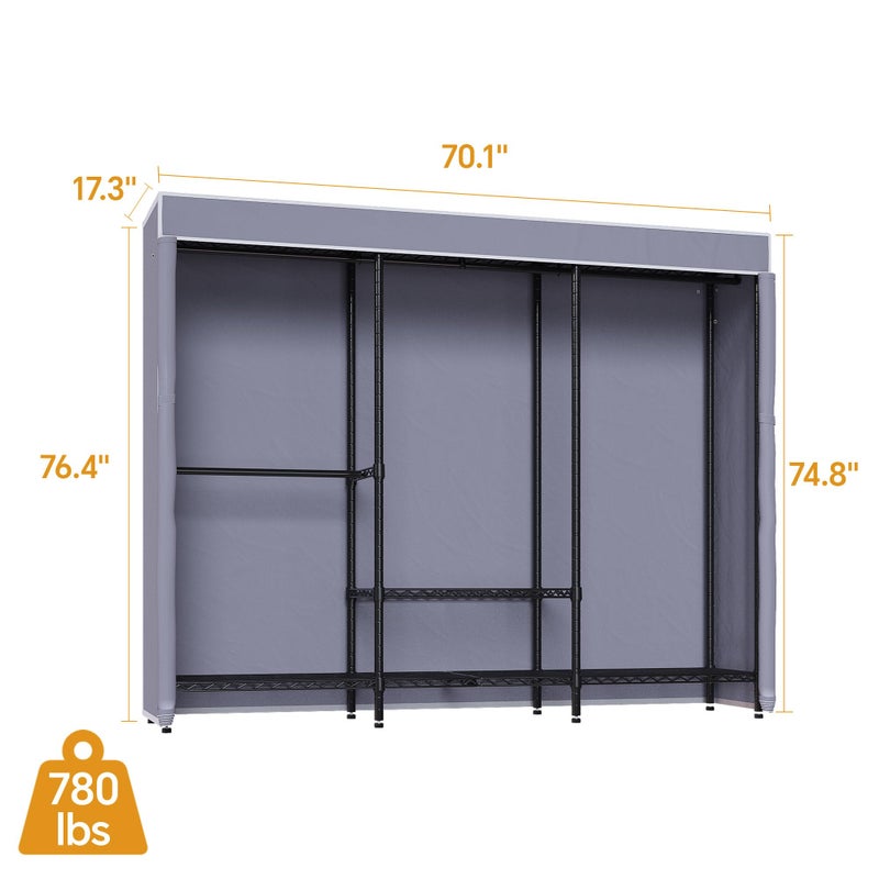Higeego H8 Heavy Duty Clothes Rack with Cover, Covered Garment Rack with Shelves, Wardrobe Closet with Cover, Portable Closet Organizer Storage, Black Clothing Rack with Grey Cover - Image 4