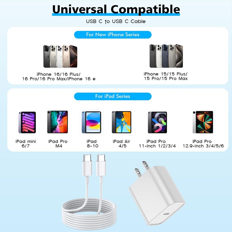 DreemTeam [Apple MFi Certified]Long 10Foot USBC to USBC Cable Fast Charging for iPhone 17/16e/15,3Pack 20W Fast Apple Phone Charger Block 10FT Type C Cord for iPhone 17 Air/17/16/15 Pro/Pro Max/iPad Pro/AirPods - Image 3