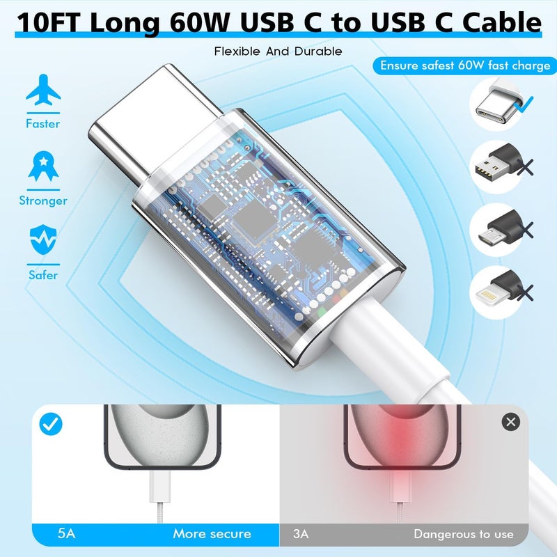 DreemTeam [Apple MFi Certified]Long 10Foot USBC to USBC Cable Fast Charging for iPhone 17/16e/15,3Pack 20W Fast Apple Phone Charger Block 10FT Type C Cord for iPhone 17 Air/17/16/15 Pro/Pro Max/iPad Pro/AirPods - Image 2