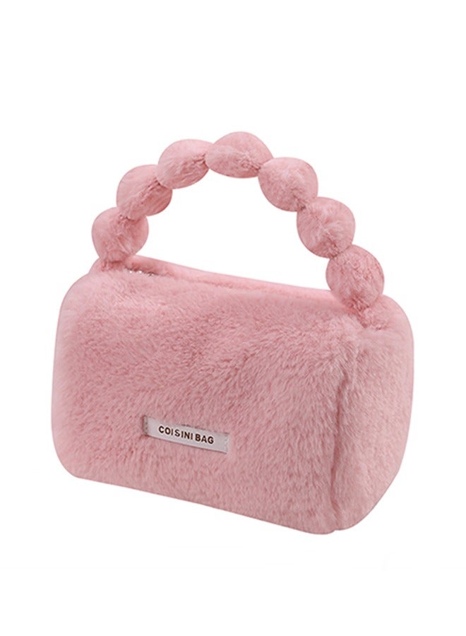 Cosmetic Bags, Zipper Make Up Bag, Portable Toiletry Organizer Bag For Women, Large Capacity Plush Storage Bags For Travel, Skincare Pouch Bag,Cute Handle Bag (Pink) - Image 1