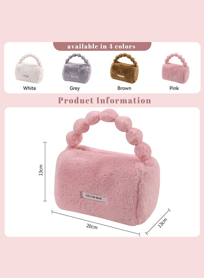 Cosmetic Bags, Zipper Make Up Bag, Portable Toiletry Organizer Bag For Women, Large Capacity Plush Storage Bags For Travel, Skincare Pouch Bag,Cute Handle Bag (Pink) - Image 2