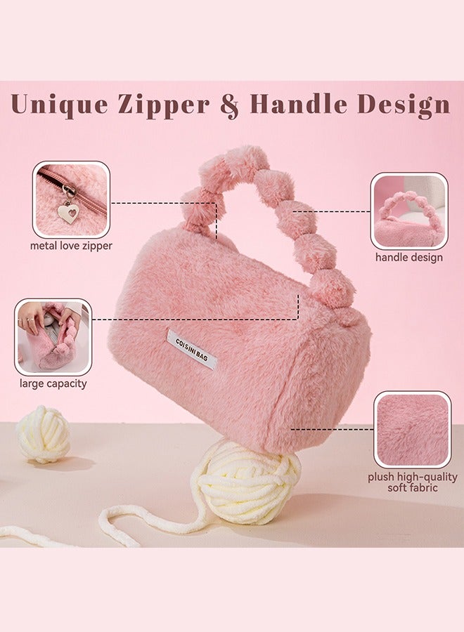 Cosmetic Bags, Zipper Make Up Bag, Portable Toiletry Organizer Bag For Women, Large Capacity Plush Storage Bags For Travel, Skincare Pouch Bag,Cute Handle Bag (Pink) - Image 4