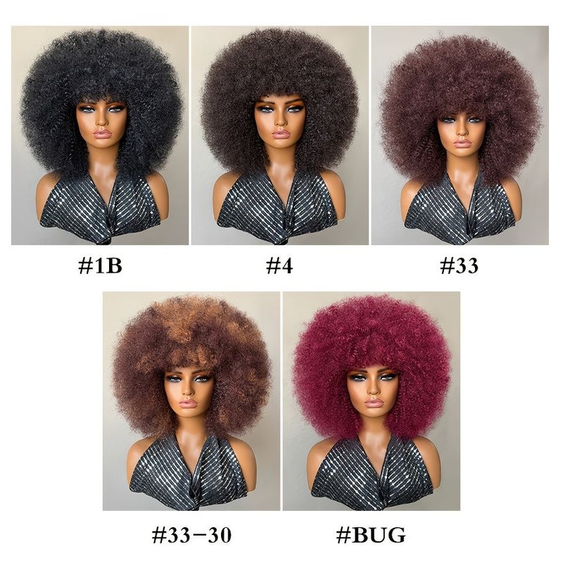 African Kinky Curly Black Wig for Women 14 Inch Mix Brown with Bangs Short Bouncy - Image 3