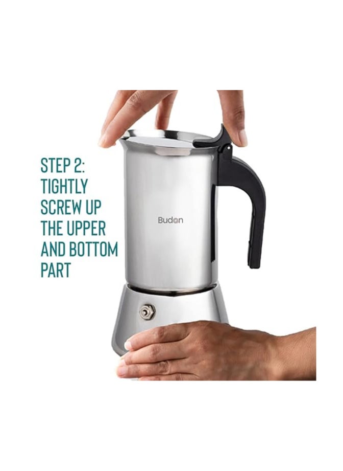 Atlasware Budan Induction Moka Pot 6 Cup Stainless Steel Espresso Maker, stovetop coffee maker  - Image 2