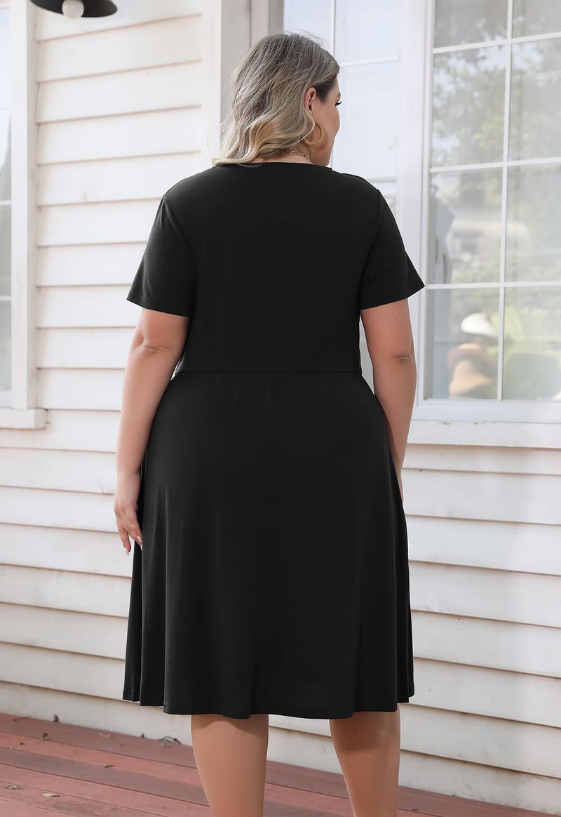 Nemidor Plus Size Casual Dresses for Curvy Women Summer Short Sleeve Fit and Flare Midi Swing Dress with Pocket(169,16,Black) - Image 2