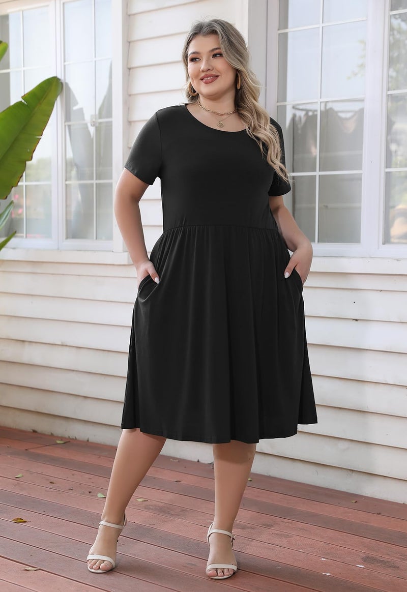 Nemidor Plus Size Casual Dresses for Curvy Women Summer Short Sleeve Fit and Flare Midi Swing Dress with Pocket(169,16,Black) - Image 3