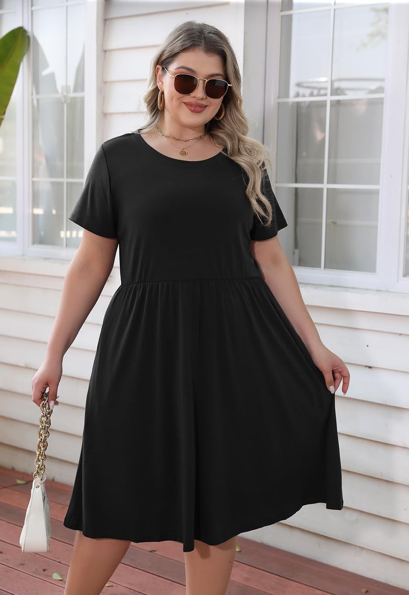 Nemidor Plus Size Casual Dresses for Curvy Women Summer Short Sleeve Fit and Flare Midi Swing Dress with Pocket(169,16,Black) - Image 5
