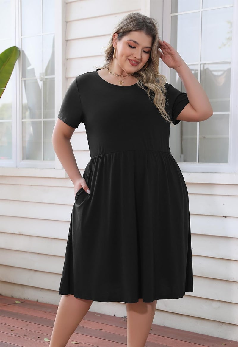 Nemidor Plus Size Casual Dresses for Curvy Women Summer Short Sleeve Fit and Flare Midi Swing Dress with Pocket(169,16,Black) - Image 4