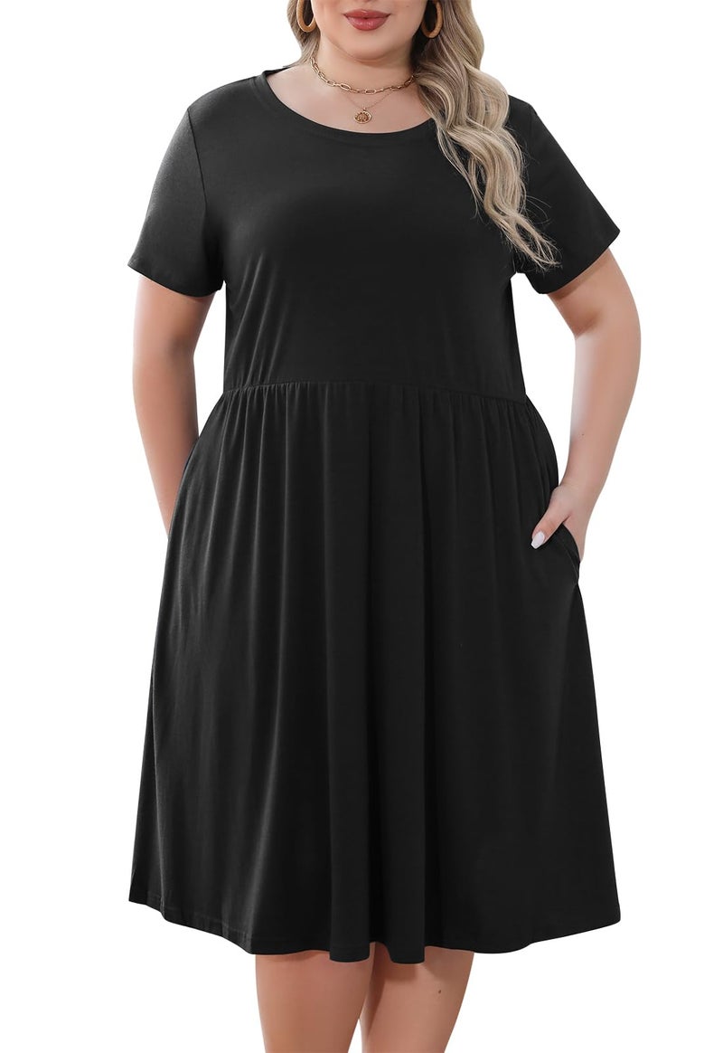 Nemidor Plus Size Casual Dresses for Curvy Women Summer Short Sleeve Fit and Flare Midi Swing Dress with Pocket(169,16,Black) - Image 1