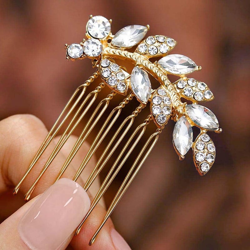 Foyte Crystal Bride Wedding Hair Comb Leaf Bridal Headpieces Rhinestone Hair Pieces Bridesmaid Side Combs Hair Accessories for Women gold leaf