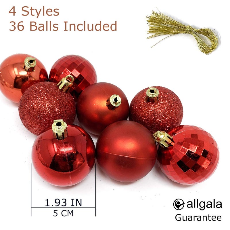 allgala allgala Christmas Balls 36 PK 2 Inch (5CM) Pre-Strung Shatter Proof Christmas Ornament Balls for Xmas Tree-4 Style-Red  - Image 2