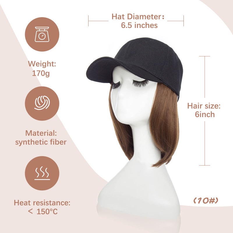 SEGO Baseball Cap with Hair Extensions for Women Heat Resistant Synthetic 6 Inch Adjustable Short Straight Hairpiece Replacement Wigs in Hat for Girls,10A - Image 3