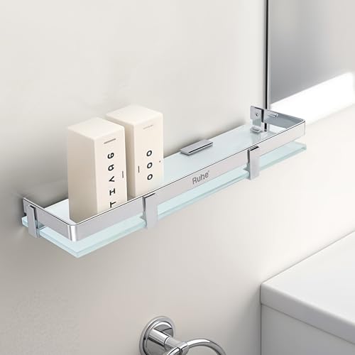 Ruhe Premium Vetra Bathroom Glass Shelf | Multipurpose Wall Mounted Shelves Rack for Kitchen/Living Room - Bathroom Accessories 16 x 5 inches (Chrome Finish) - Image 1