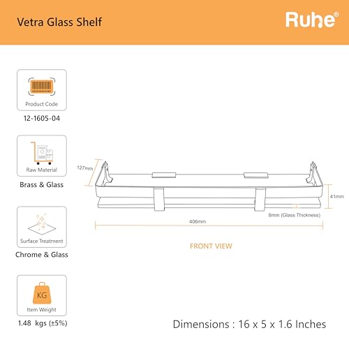 Ruhe Premium Vetra Bathroom Glass Shelf | Multipurpose Wall Mounted Shelves Rack for Kitchen/Living Room - Bathroom Accessories 16 x 5 inches (Chrome Finish) - Image 2