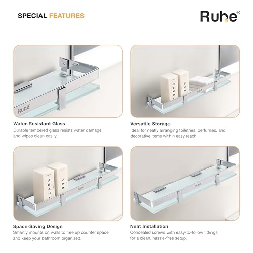 Ruhe Premium Vetra Bathroom Glass Shelf | Multipurpose Wall Mounted Shelves Rack for Kitchen/Living Room - Bathroom Accessories 16 x 5 inches (Chrome Finish) - Image 4