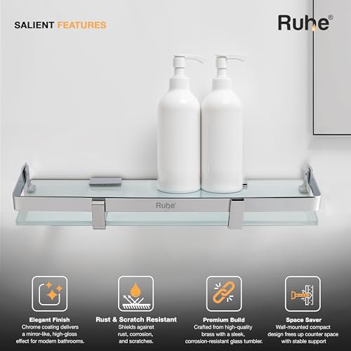 Ruhe Premium Vetra Bathroom Glass Shelf | Multipurpose Wall Mounted Shelves Rack for Kitchen/Living Room - Bathroom Accessories 16 x 5 inches (Chrome Finish) - Image 3