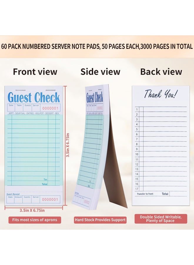 UZLU 60 Pack Guest Checks Books Bulk Server Note Pad Numbered Waitress Notepad for Restaurants White Food Receipt Book 3000 Total Double Sided Perforated Server Order Paper for Bars Cafes Restaurant Order - Image 2