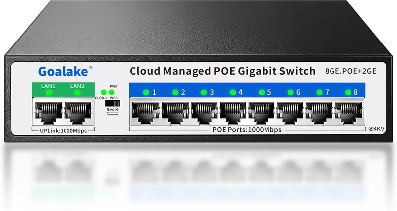 Goalake 8 Port Gigabit PoE Switch with 2*1000Mbps Uplink, Easy Managed 10 Port Gigabit POE Switch Compatible with IEEE 802.3af/at Devices@120W, AI PoE Auto Recovery&Extend, Vlan, Metal Pluy&Play - Image 1
