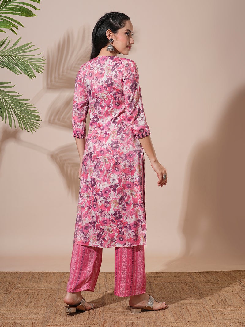 globus Globus Women Floral Print V-Neck Straight Kurta With Trousers  - Image 3