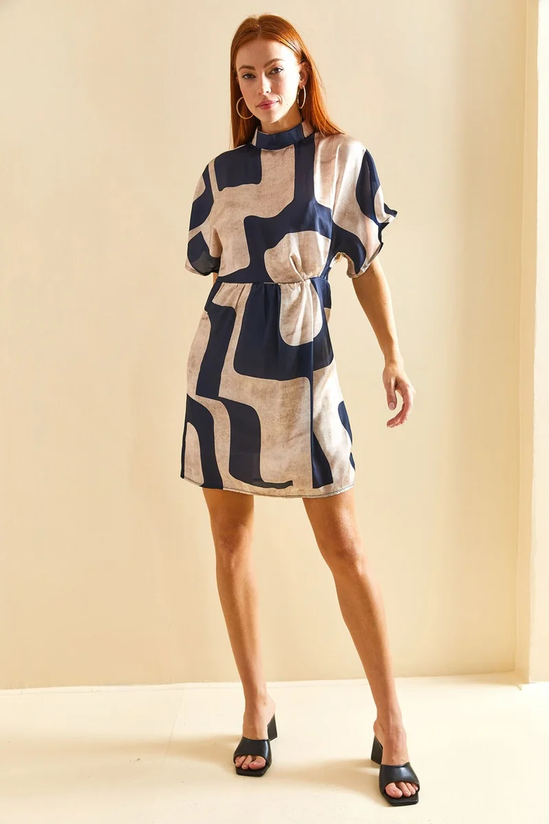 لايث Double Breasted Collar Skirt Lined Pleated Patterned Dress