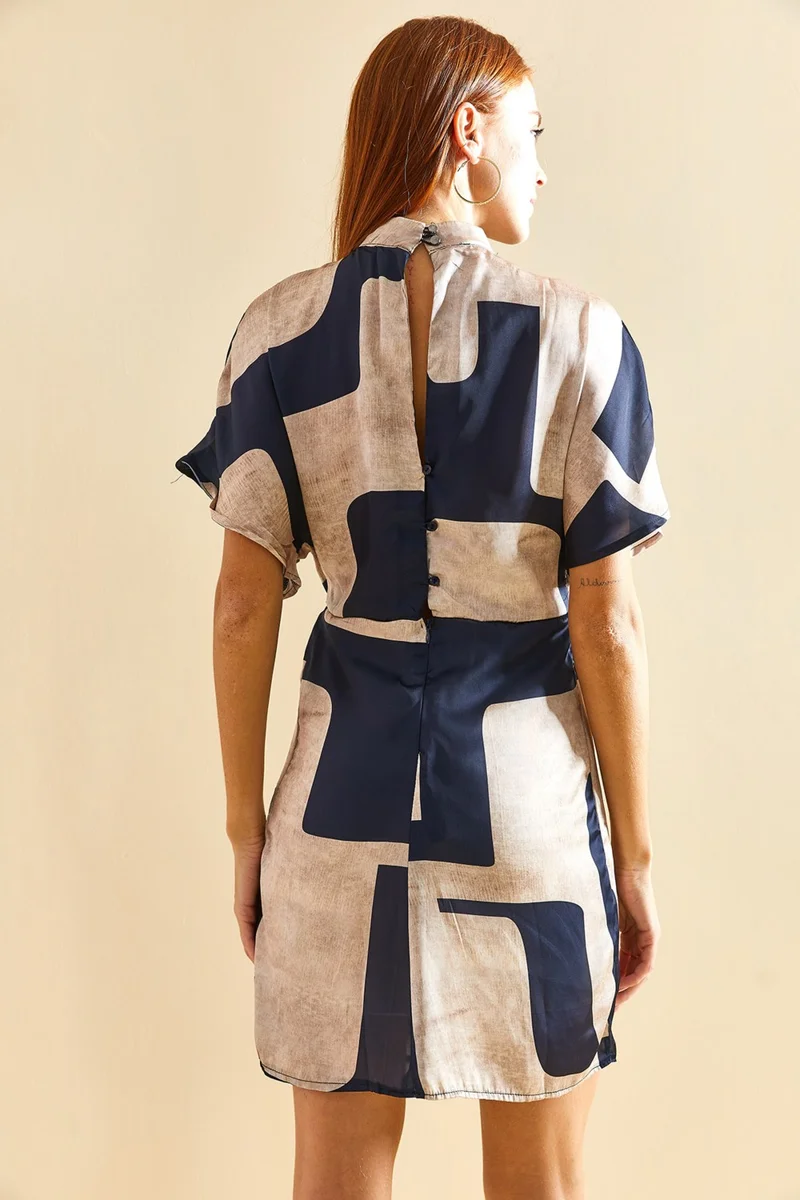 لايث Double Breasted Collar Skirt Lined Pleated Patterned Dress
