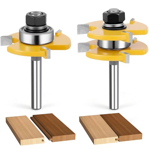 Junreox 2PCS Tongue and Groove Router Bit Set, 3rd Gen. 1/4 Shank Router Bits for 3/4" Stock, 1/2" Cutting Depth, Adjustable 3 Teeth Shaker Cabinet Door Router Bits for Woodworking, Milling, Cutting - Image 1