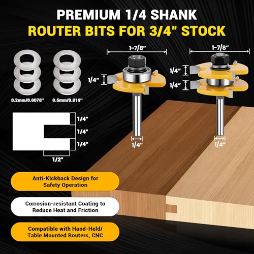 Junreox 2PCS Tongue and Groove Router Bit Set, 3rd Gen. 1/4 Shank Router Bits for 3/4" Stock, 1/2" Cutting Depth, Adjustable 3 Teeth Shaker Cabinet Door Router Bits for Woodworking, Milling, Cutting - Image 4