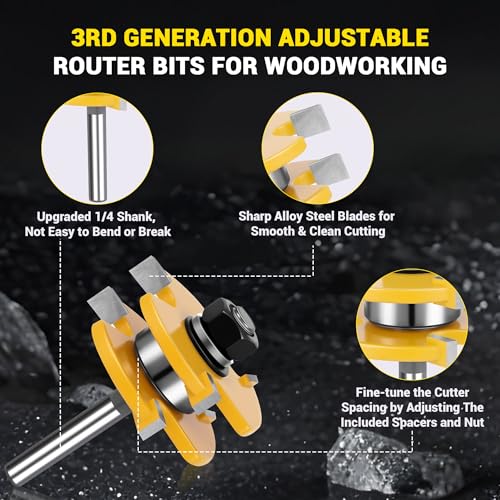 Junreox 2PCS Tongue and Groove Router Bit Set, 3rd Gen. 1/4 Shank Router Bits for 3/4" Stock, 1/2" Cutting Depth, Adjustable 3 Teeth Shaker Cabinet Door Router Bits for Woodworking, Milling, Cutting - Image 3