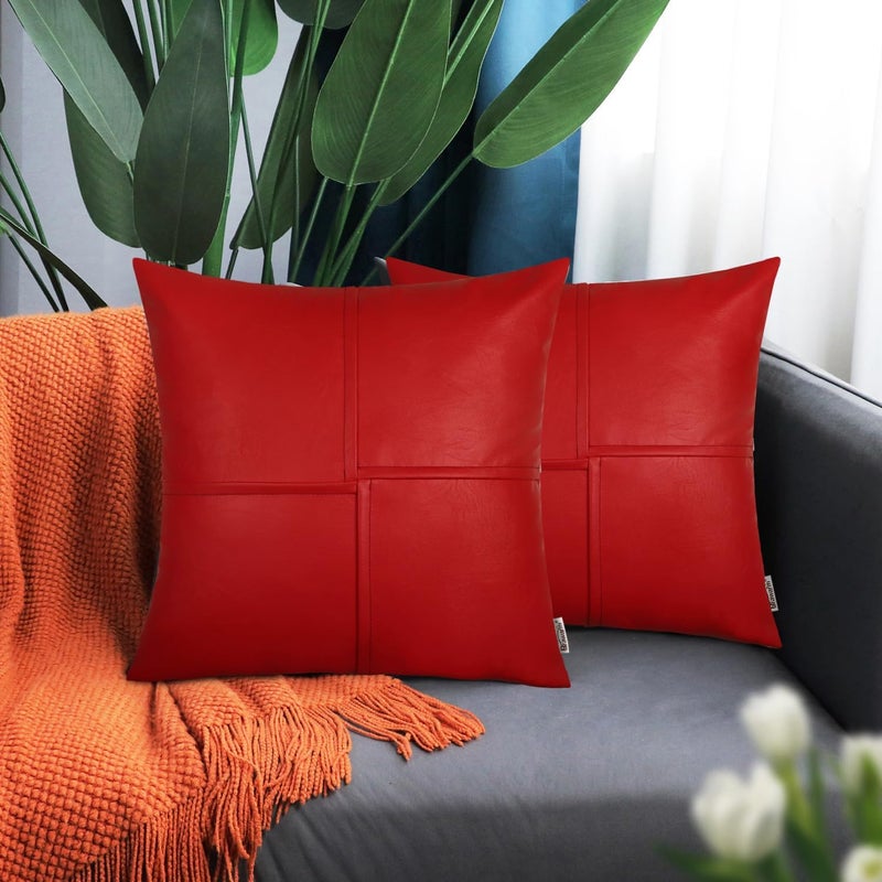 BRAWARM Faux Leather Throw Pillow Covers 22 X 22 Inches, Christmas Red Leather Pillow Covers Pack of 2, Hand Stitched Leather Decorative Throw Pillows for Couch Sofa Bed Living Room Home Garden - Image 2