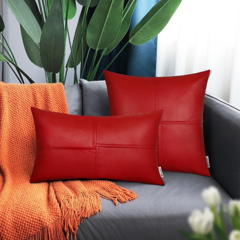 BRAWARM Faux Leather Throw Pillow Covers 22 X 22 Inches, Christmas Red Leather Pillow Covers Pack of 2, Hand Stitched Leather Decorative Throw Pillows for Couch Sofa Bed Living Room Home Garden - Image 3
