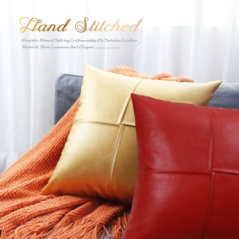 BRAWARM Faux Leather Throw Pillow Covers 22 X 22 Inches, Christmas Red Leather Pillow Covers Pack of 2, Hand Stitched Leather Decorative Throw Pillows for Couch Sofa Bed Living Room Home Garden - Image 5