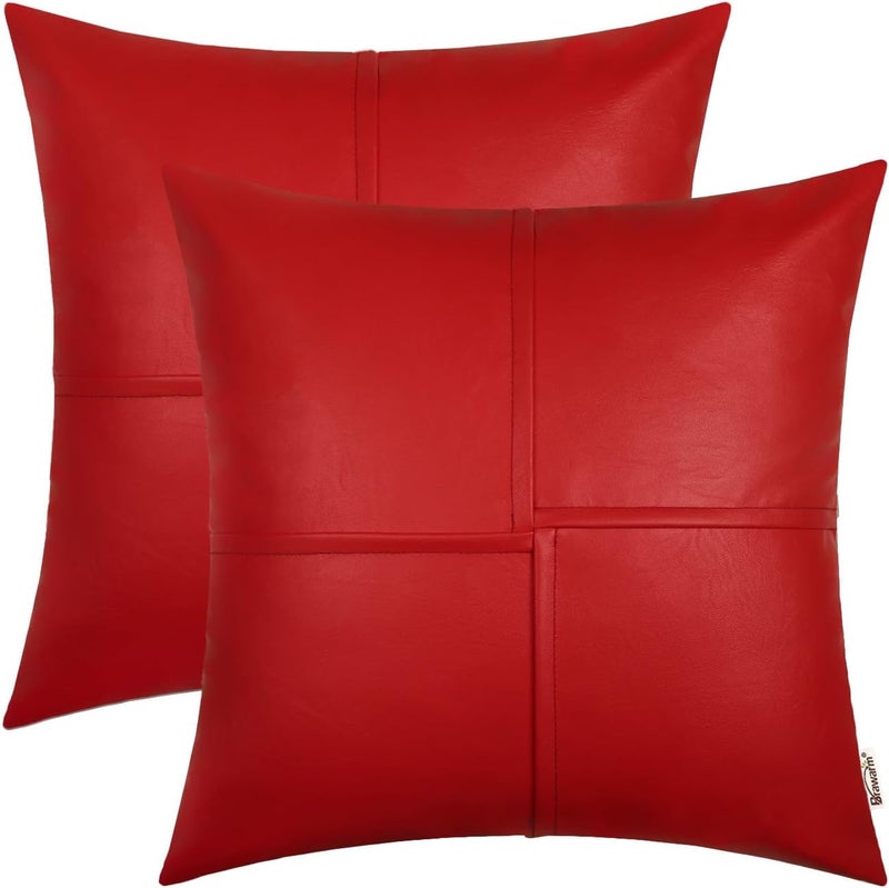 BRAWARM Faux Leather Throw Pillow Covers 22 X 22 Inches, Christmas Red Leather Pillow Covers Pack of 2, Hand Stitched Leather Decorative Throw Pillows for Couch Sofa Bed Living Room Home Garden - Image 1
