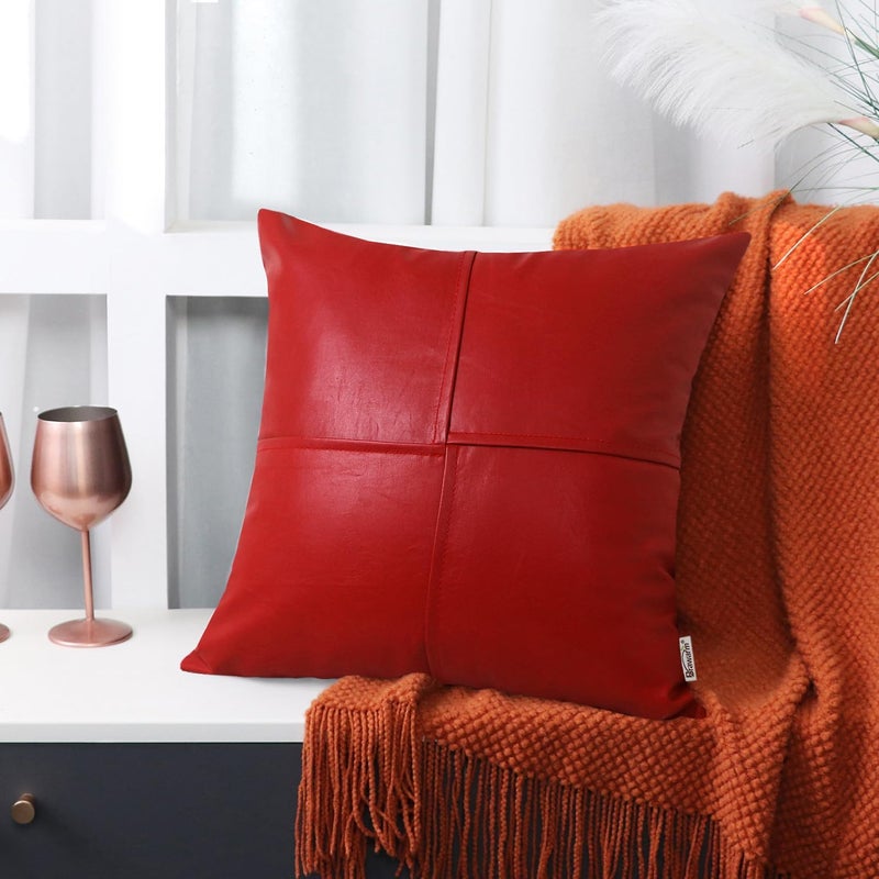 BRAWARM Faux Leather Throw Pillow Covers 22 X 22 Inches, Christmas Red Leather Pillow Covers Pack of 2, Hand Stitched Leather Decorative Throw Pillows for Couch Sofa Bed Living Room Home Garden - Image 4