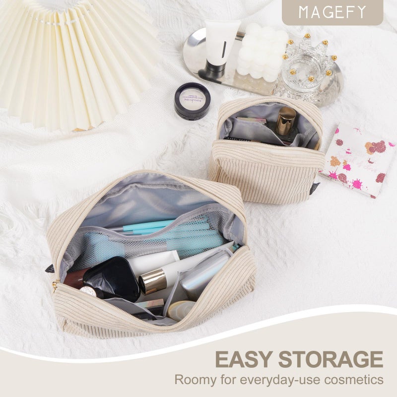 MAGEFY Makeup Bag for Purse, 2 Pcs Corduroy Cosmetic Bag for Girls Women Small Travel Makeup Pouch with Zipper(Beige) - Image 3