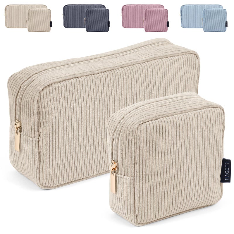 MAGEFY Makeup Bag for Purse, 2 Pcs Corduroy Cosmetic Bag for Girls Women Small Travel Makeup Pouch with Zipper(Beige) - Image 1
