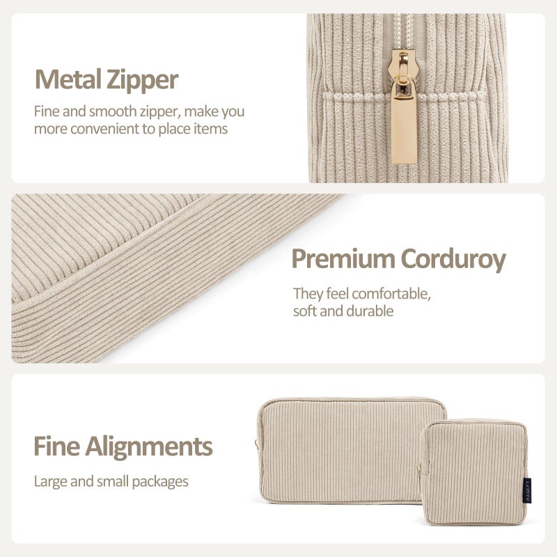 MAGEFY Makeup Bag for Purse, 2 Pcs Corduroy Cosmetic Bag for Girls Women Small Travel Makeup Pouch with Zipper(Beige) - Image 4