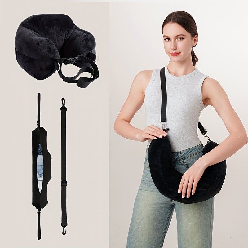 Pink Color Travel Neck Pillow Filled With Clothes U Shaped Cover Adjustable Portable Soft Plush Fabric Storage for 3 Days Ideal for Short Trips Business Travel Airplane Car - Image 1