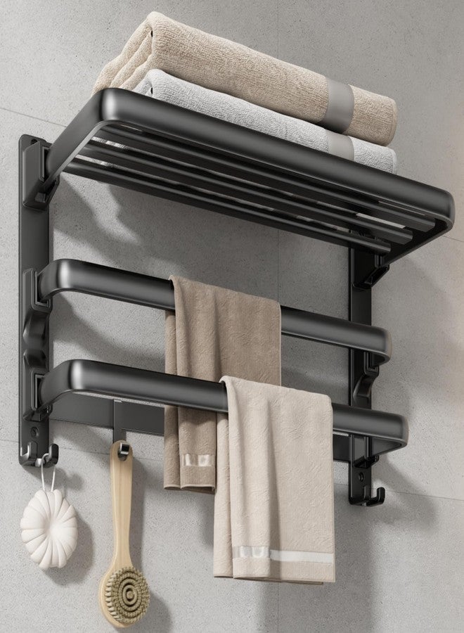 VOLDRA 24-Inch Towel Rack,Bathroom Towel Shelf with 2 Towel Bar Foldable Towel Holder with 7 Hooks Towel Storage Organizer for Bathroom & Lavatory Wall Mounted (Matte Black) - Image 1