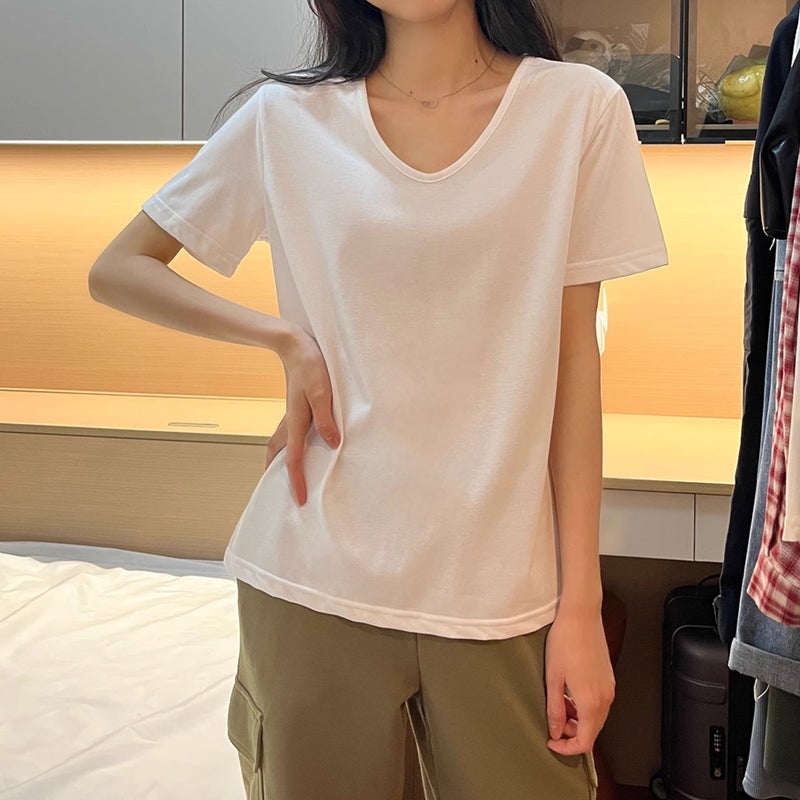 White Short-Sleeved U-Collar T-Shirt Women'S Summer Solid Color Loose Slim-Fit Large Collarbone Leakage All-Match Top High-End Fashionable - Image 2