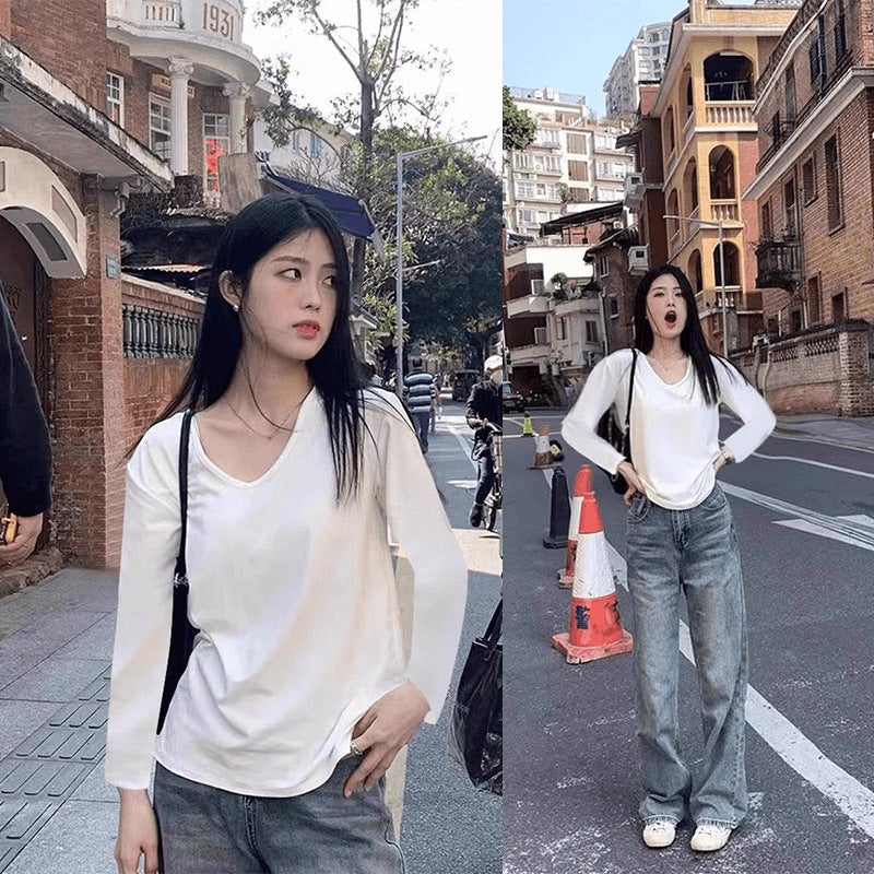White Short-Sleeved U-Collar T-Shirt Women'S Summer Solid Color Loose Slim-Fit Large Collarbone Leakage All-Match Top High-End Fashionable - Image 1